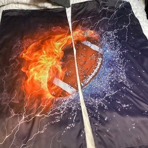 Water/fire football curtains and pillow case.2 pc curtain, each piece 63”Lx 26”W
